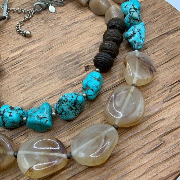 Chico's Turquoise Howlite Brown Natural Beaded Stones Double Strands Necklace - Picture 4 of 8